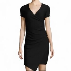 BISOU BISOU Black Asymmetrical Dress Mini Sheath Work Party Sz 4 Textured V Neck